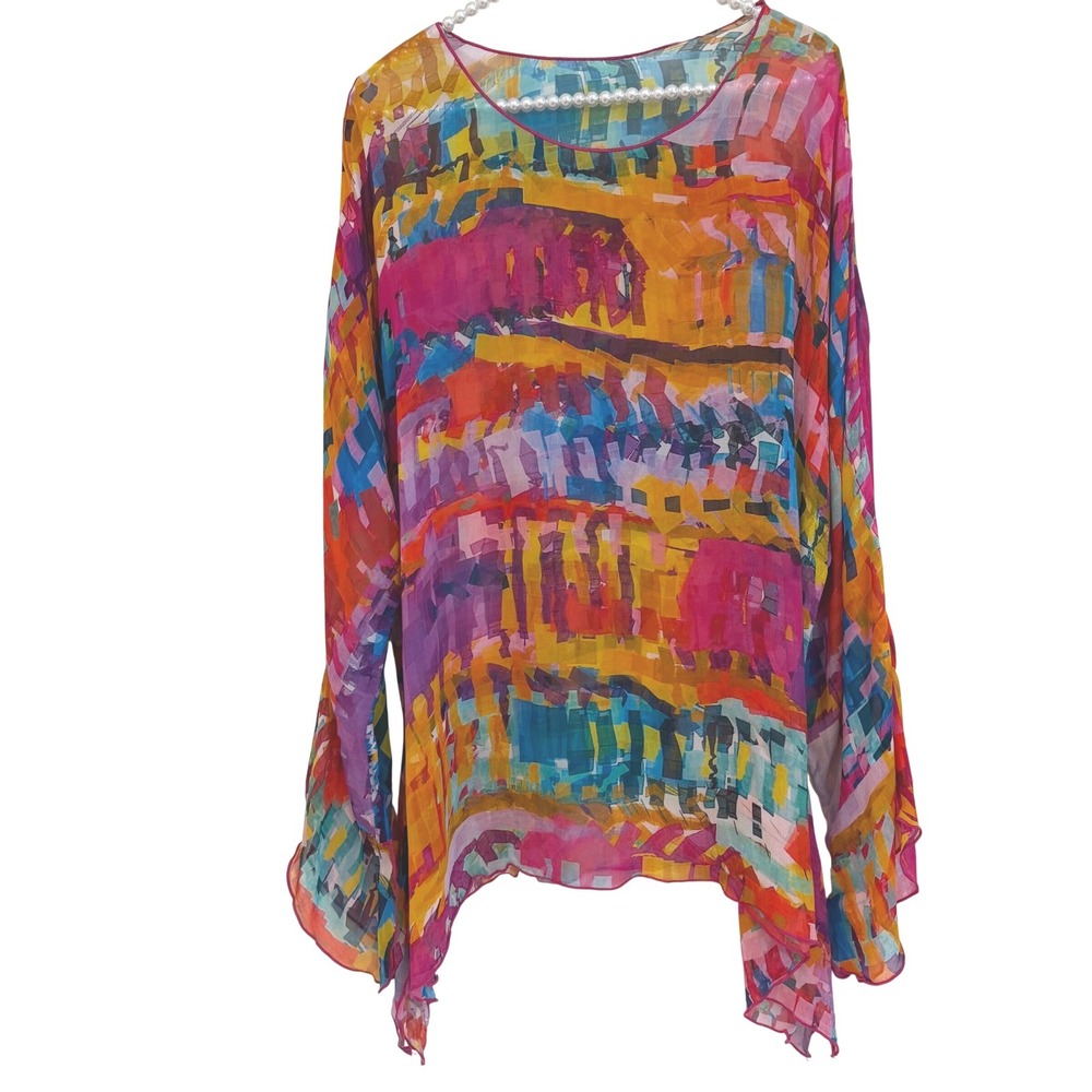 NorthStyle Womens XL Abstract Multi Color Sheer Rayon Ruffle Sleeve Blouse Boho